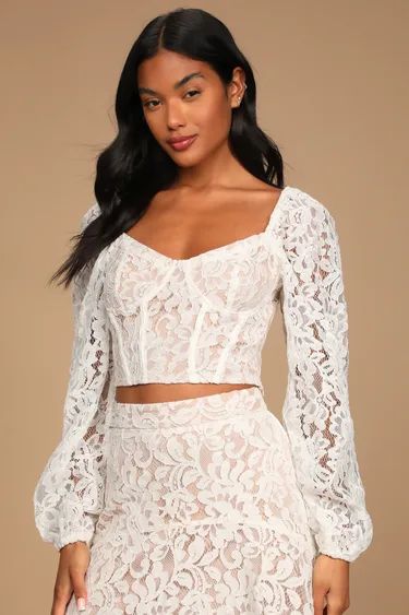 Real Romance Ivory Lace Long Sleeve Bustier Crop Top | Lulus