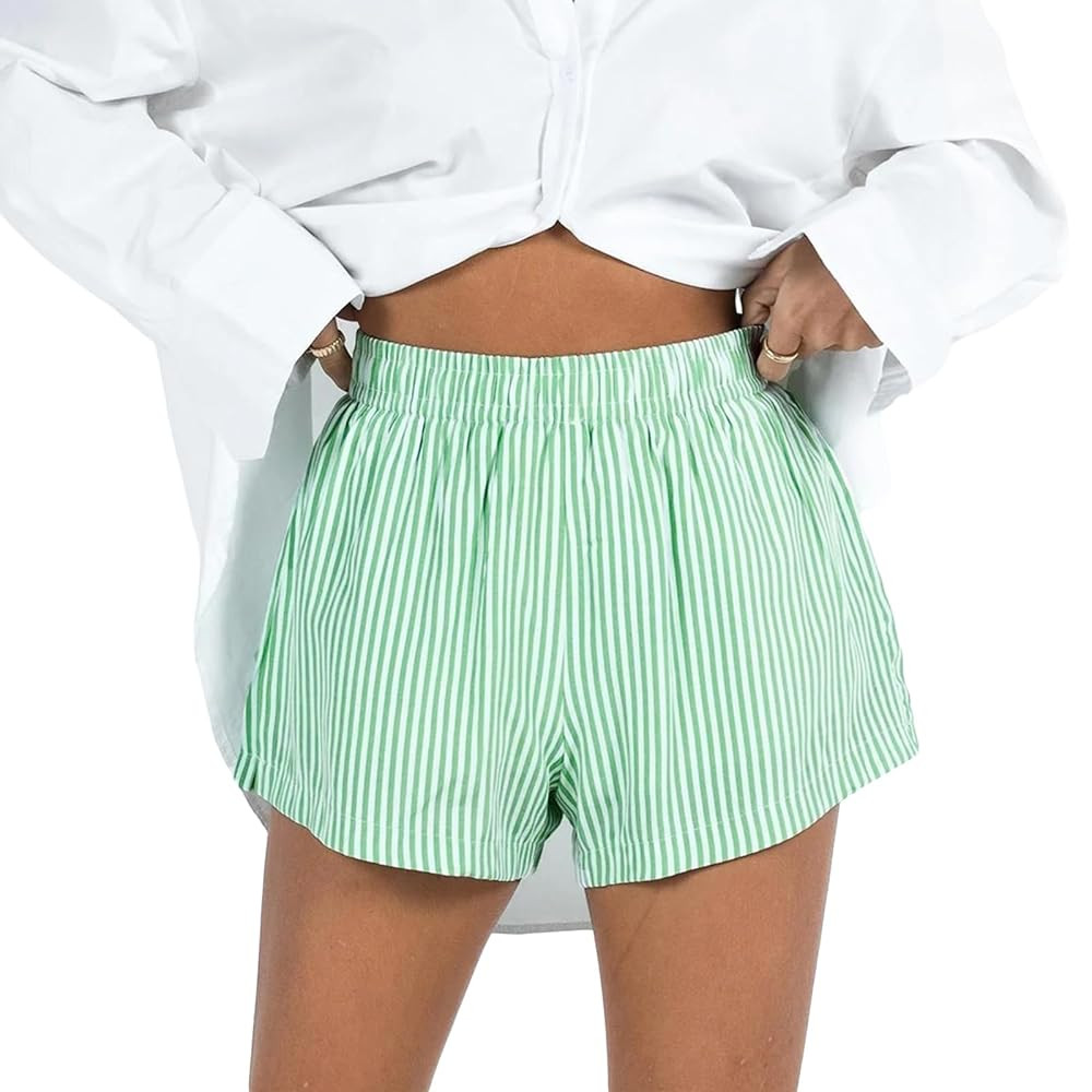 Women Y2K Stripe Shorts Elastic Waist Gingham Boxer Pajamas Shorts Cute Summer Pj Lounge Shorts | Amazon (US)