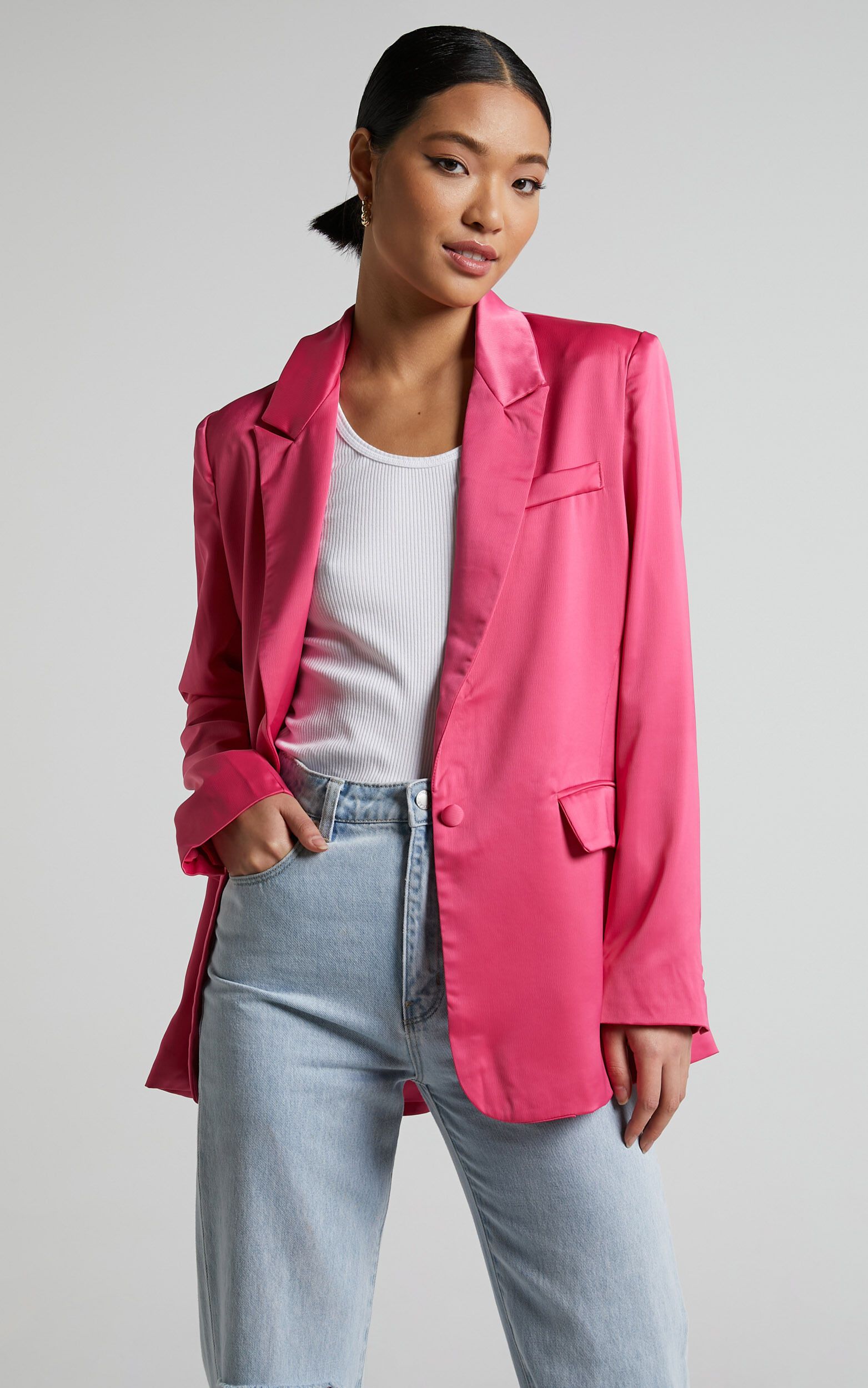 Jannie Blazer - Oversized Plunge Button Up Blazer in Pink | Showpo (US, UK & Europe)