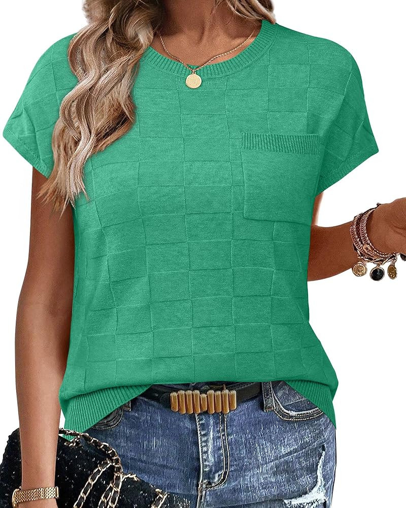 WIHOLL Short Sleeve Sweater for Women Crew Neck Trendy Summer Tops 2026 Travel Business Casual Sp... | Amazon (US)