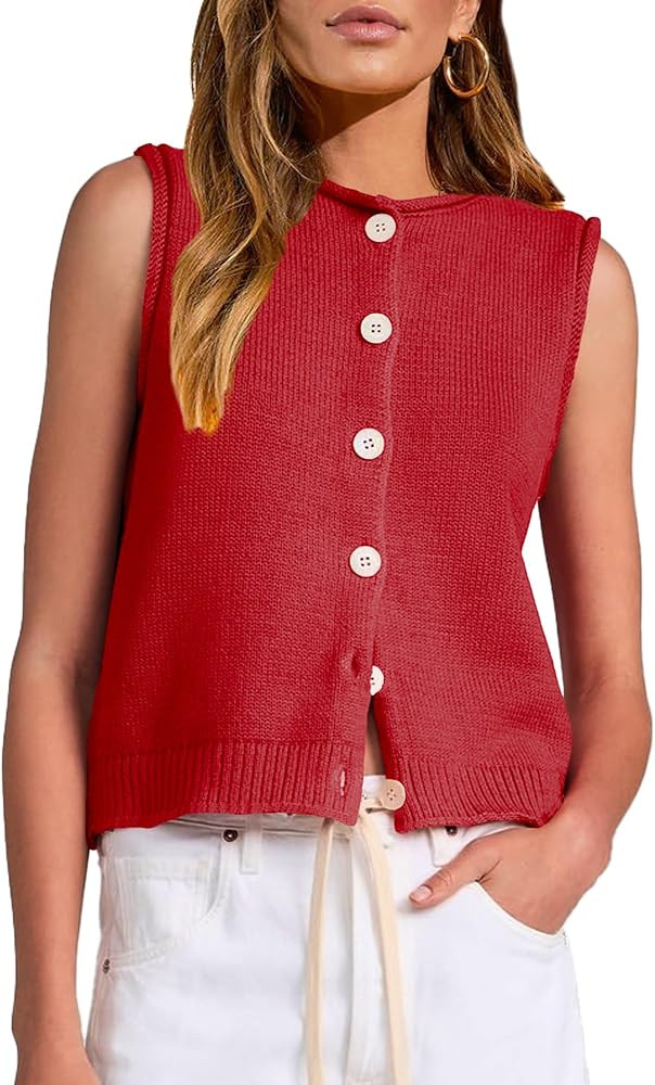 YUNLORIA Womens Casual Crew Neck Sleeveless Sweater Vests 2025 Fall Button Down Ribbed Knit Tank Tops Loose Trendy Cardigans (US, Alpha, Medium, Regular, Regular, Red) at Amazon Women\u2019s Clothing store | Amazon (US)