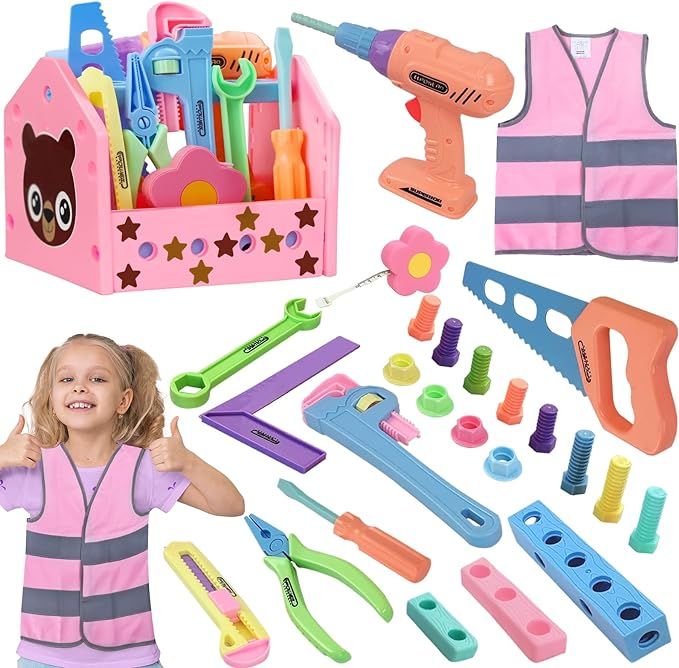 Gifts2U Toy Tool Set for Girls Pretend Play Toy with Play Drill Tool Box, Vest Costume and Toy Ta... | Amazon (US)