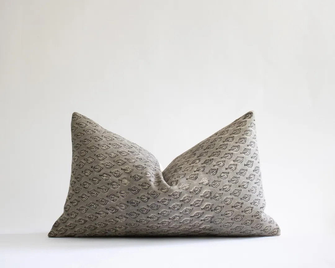 Gray Linen Block Printed Lumbar Pillow Cover: Black Leaf Print, Designer Throw Pillow | TATUM | Etsy (US)