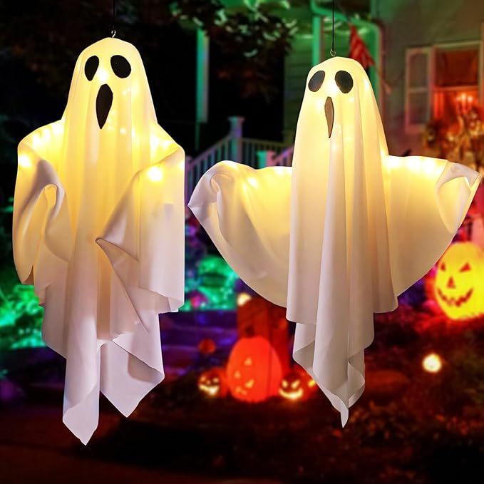 Halloween Decorations, 2PCS 19.7" Outdoor Decor Hanging Lighted Glowing Ghost, Halloween Outdoor ... | Amazon (US)