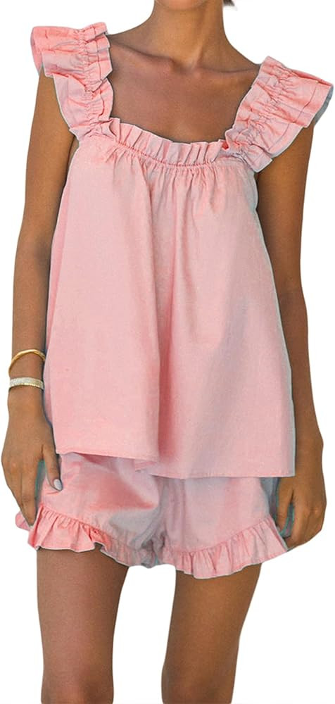 Womens Summer Ruffle 2 Piece Set Solid Color Sleeveless Backless Pajamas Sets Cute Trim Cami and ... | Amazon (US)