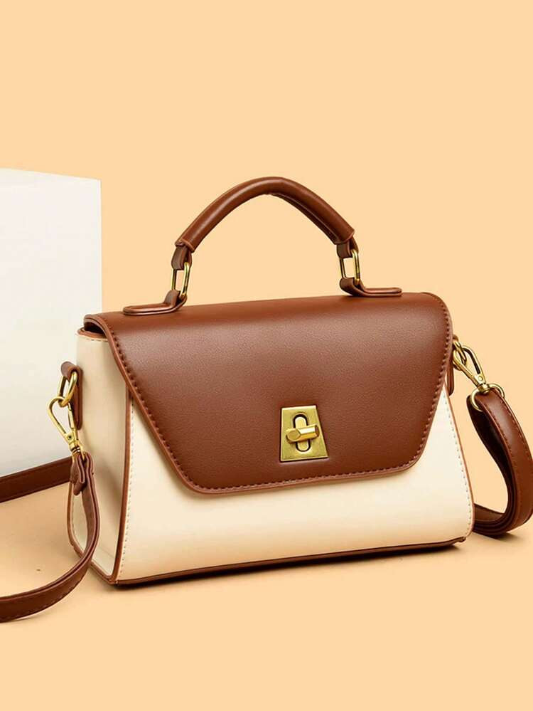 New Fashion Solid Color PU Waterproof Material, Contrast Color Design, Snap Closure, Portable Square Bag, Crossbody Shopping | SHEIN