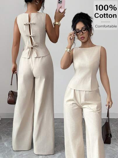 Siren Gaze Elegant Women's Apricot Woven Two-Piece Set Round Neck Sleeveless Blouse And Wide Leg ... | SHEIN