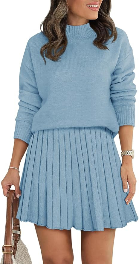 Women's Two Piece Outfits Turtleneck Long Sleeve Ribbed Knit Tops Pleated Mini Skirt 2026 Casual ... | Amazon (US)