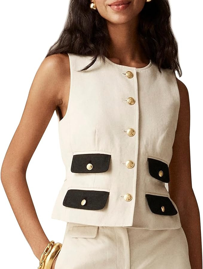 Kedera Womens Button Down Sleeveless Linen Vest Fully Lined Crew Neck Fall Fashion Business Jacke... | Amazon (US)