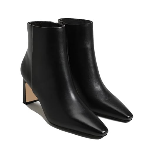 MICIFA Women's Ankle Boots Chunky Low Heel Leather Black Booties with Side Zipper Square Toe Fall Winter Dress Heeled Short Boots Leather Black | Amazon (US)