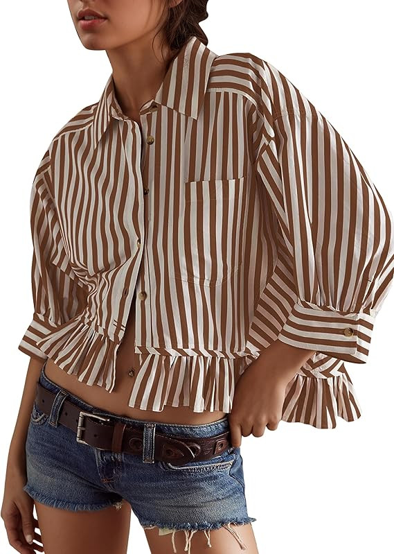 Womens 3/4 Length Sleeve Striped Button Down Shirt Loose Fit Drop Shoulder Trendy Ruffle Hem Stri... | Amazon (US)