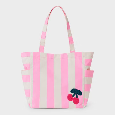 Girls' Striped with Cherries Canvas Beach Tote Bag - Cat & Jack™️ White/Pink | Target
