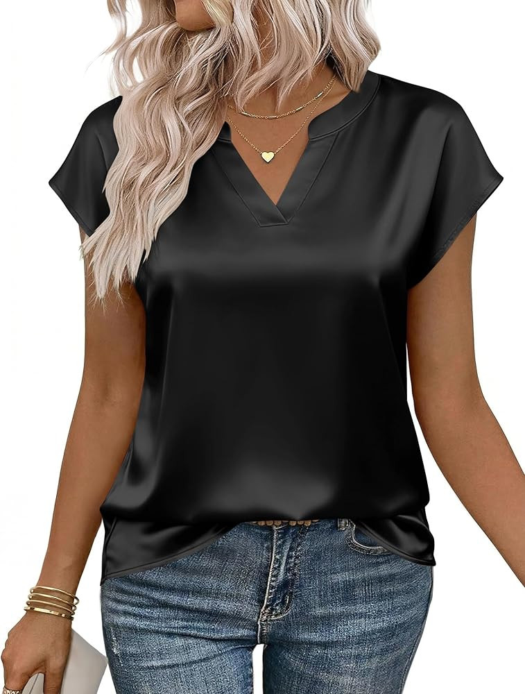 Zeagoo Women Tops Silk Satin Blouses V Neck Summer Shirts Cap Sleeve Business Casual Dressy Sprin... | Amazon (US)