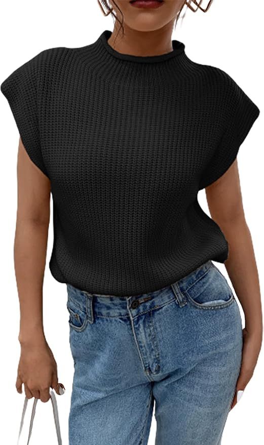 SheIn Women's Mock Neck Short Cap Sleeve Sweater Vest Casual Solid Pullover Top Black Medium at A... | Amazon (US)