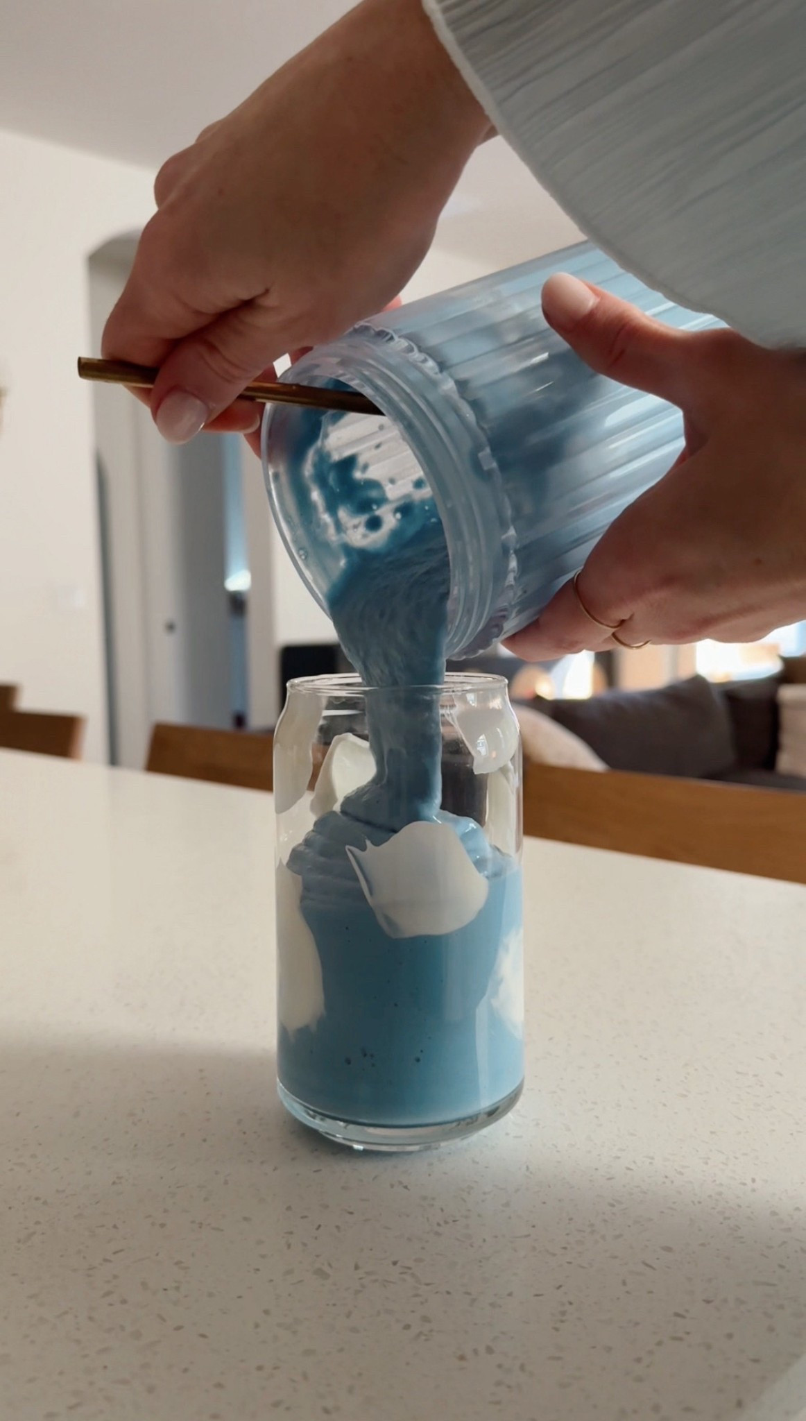 Blue spirulina smoothie in glass cups and Beast Health blender.

#LTKfoodie #LTKActive