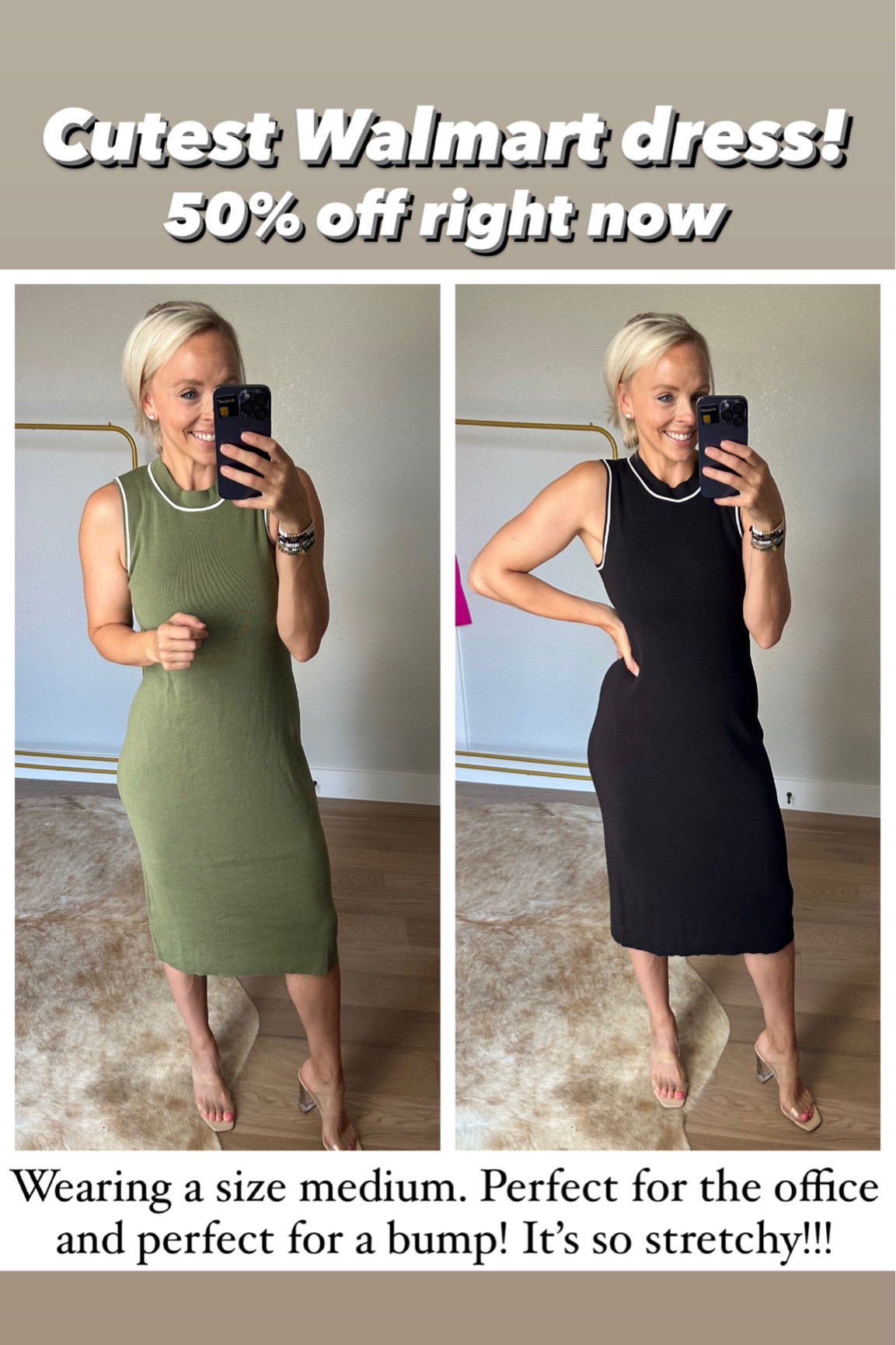 Cutest Walmart dress is 50% off right now!!! Wearing a size medium. Would be so cute with a bump!!! Perfect for fall and so cute for the office! So stretchy and cute! 

#LTKSaleAlert #LTKWorkwear #LTKBump