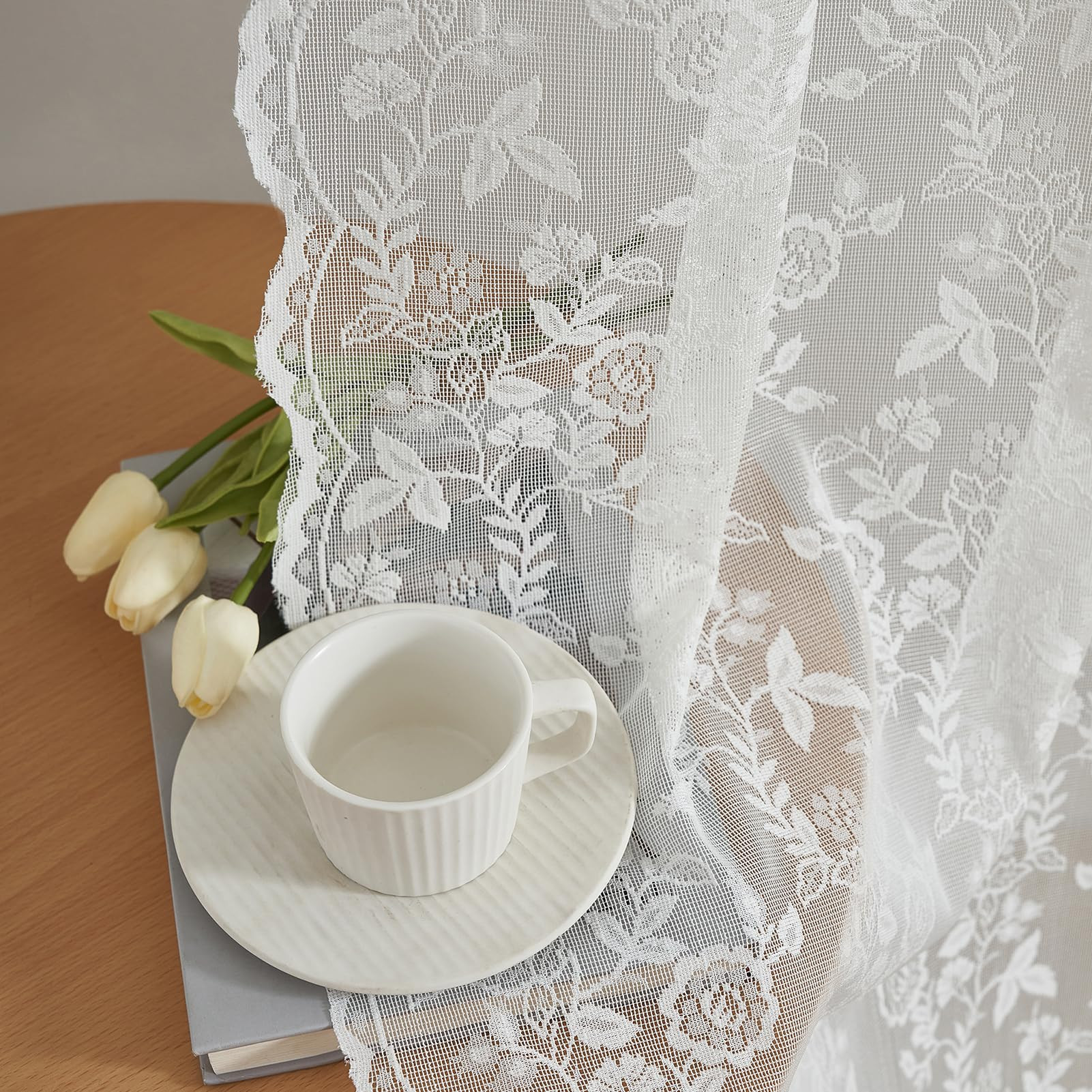 FINECITY Short Lace Curtains 36 Inch Length for Small Window, Rustic Leaf Floral Design Lace Cafe... | Amazon (US)