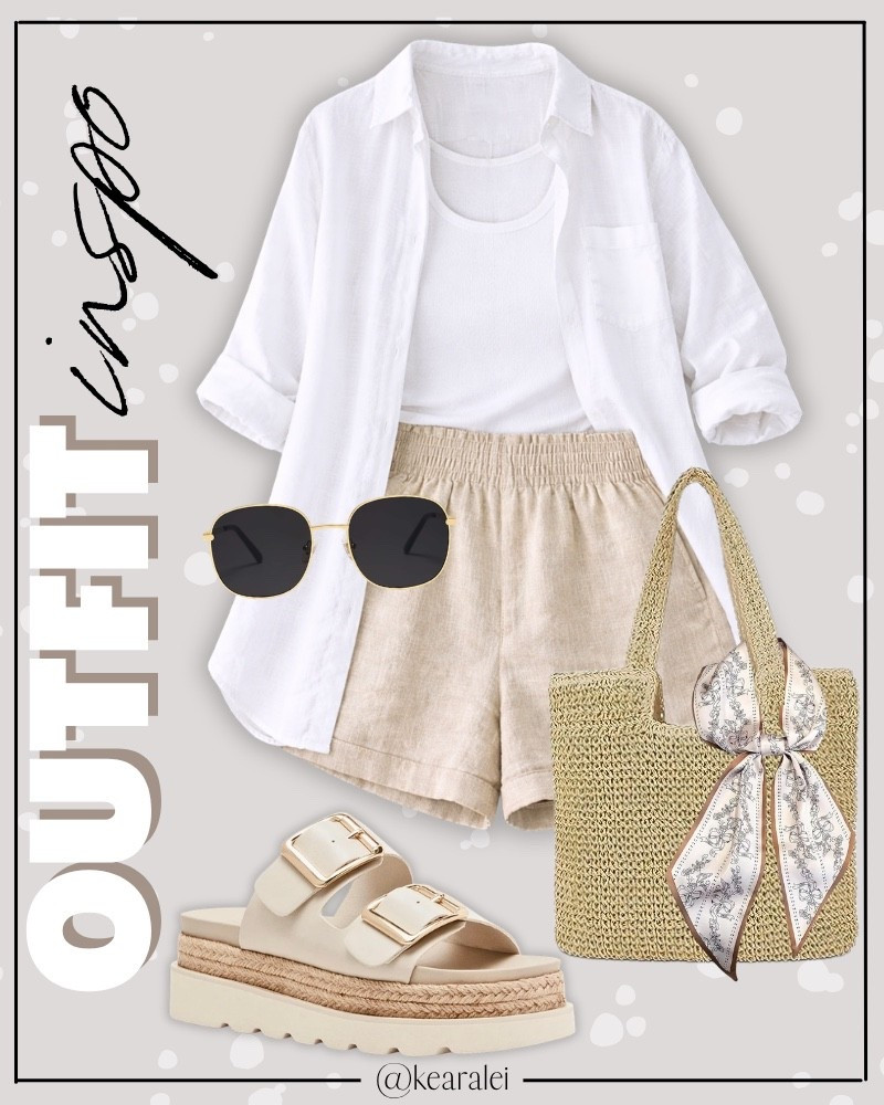 Summer outfits 2026 spring outfit linen summer set, womens 2 piece outfits, white long sleeve linen lightweight button down collared shirt, button up loose oversized linen shirts, layered over white ribbed tank top, garment friendly tanks, tan khaki beige ivory shorts matching shorts sets, boxer shorts, cream ivory faux leather strappy sandals Birkenstocks footbed sandals look alike, look for less, woven straw handbag purse bucket bag, silk hair scarf, bag charms, huggies hoops earrings, gold filled gold plated bracelets, gold rimmed aviator sunglasses, summer outfits beach outfit vacation outfits resort wear swimsuit coverup cruise clothes || #amazon #outfit #summer #spring #comfy #shorts #boxer #sandals #affordable #linen
.
.
.

Fitness Wear, Activewear, exercise outfit, workout leggings, sports bra, Lulu lemon, free people motion active athleisure Amazon fashion, teacher outfits, business casual, casual outfits, neutrals, street style, Midi skirt, Maxi Dress, Swimsuit, Bikini, Travel, skinny Jeans, Puffer Jackets, Concert Outfits, Cocktail Dresses, Sweater dress, Sweaters, cardigans Fleece Pullovers, hoodies, button-downs, Oversized Sweatshirts, Jeans, High Waisted Leggings, dresses, joggers, fall Fashion, winter fashion, leather jacket, Sherpa jackets, Deals, shacket, Plaid Shirt Jackets, apple watch bands, lounge set, Date Night Outfits, Vacation outfits, Mom jeans, shorts, sunglasses, Disney outfits, Romper, jumpsuit, Airport outfits, biker shorts, Weekender bag, plus size fashion, Stanley cup tumbler Target, Abercrombie and fitch, Amazon, Shein, Nordstrom, H&M, forever 21, forever21, Walmart, asos, Nordstrom rack, Nike, adidas, Vans, Quay, Tarte, Sephora, lululemon, free people, j crew jcrew factory, old navy

#LTKootd #LTKSeasonal #LTKSaleAlert