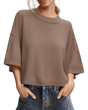 Saodimallsu Womens Short Sleeve Sweater Summer Oversized Cropped Sweaters Casual Crewneck Lightwe... | Amazon (US)
