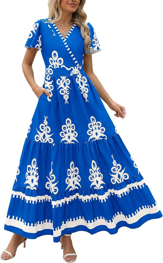 PRETTYGARDEN Womens 2025 Summer Casual V Neck Boho Maxi Dress Flowy Aline Bell Sleeve Tiered Flor... | Amazon (US)