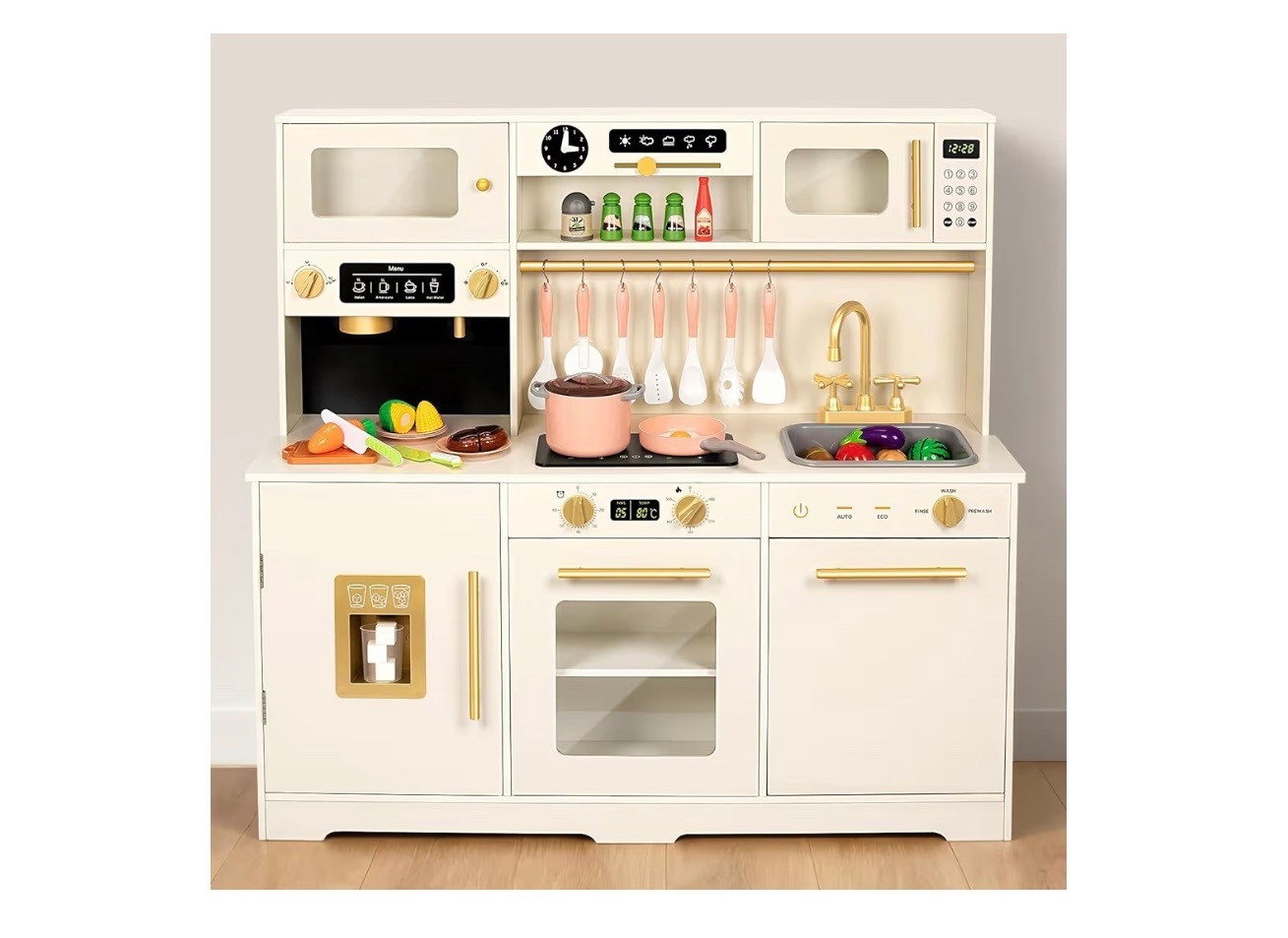 Wooden Play Kitchen for Toddler, Toy Kitchen Set for Kids Pretend Play with 41 Pcs Toy Food & Cookware Accessories, Kitchen Playset Gift for Boys and Girls Ages 3+