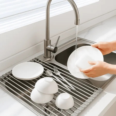 TRBCREATION Over-the-Sink Roll Up Dish Drying Rack, 18.5" x 13.5" Foldable Stainless Steel Dish Drainer Mat, Sink Cover & Heat-Resistant Kitchen Organizer (Grey) | Walmart (US)