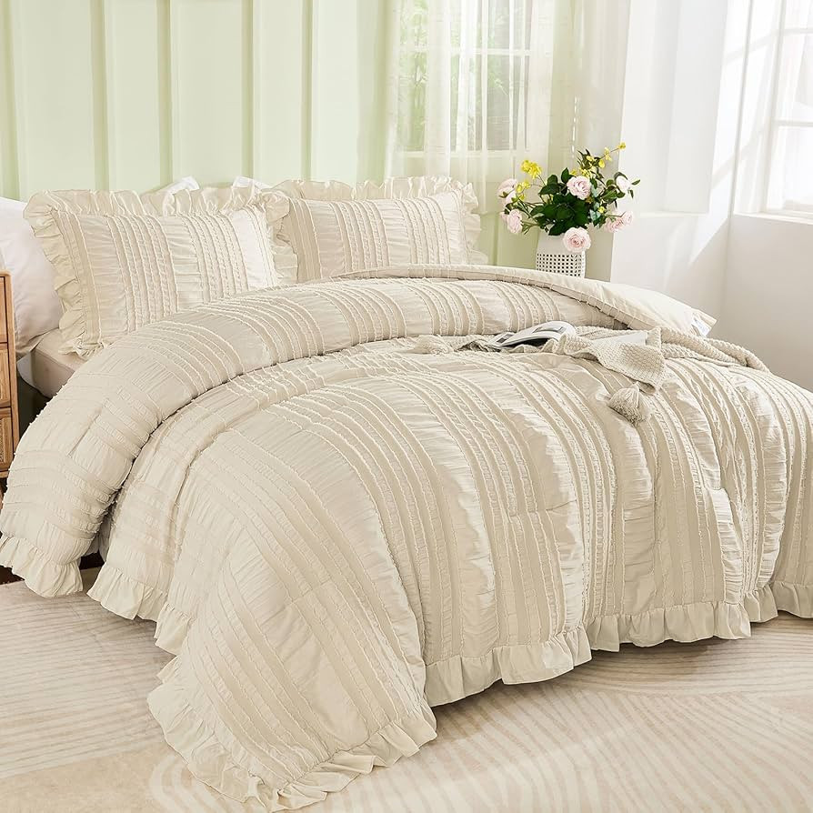 WONGS BEDDING Beige Ruffle Queen Comforter,Boho Shabby Chic Bedding for Queen Bed,Soft Seersucker... | Amazon (US)