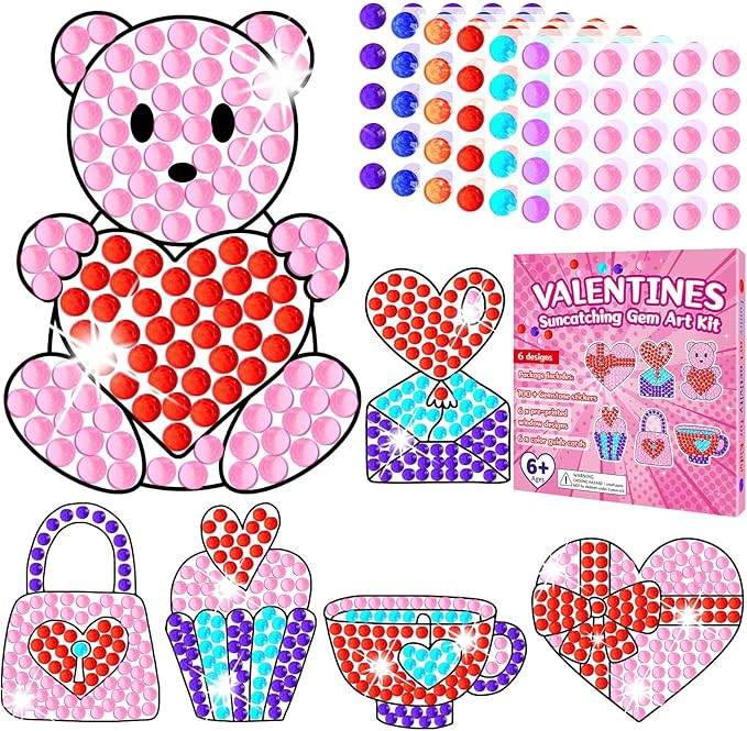 Qyeahkj 6 Pcs Valentine's Day Arts Crafts DIY Heart Bear Gem Diamond Suncatcher Crafts for Kids V... | Amazon (US)