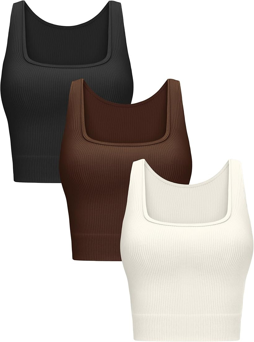 Amazon.com: VVX Women's 3 Piece Ribbed Crop Tank Tops - Square Neck Seamless Workout Cropped Top ... | Amazon (US)