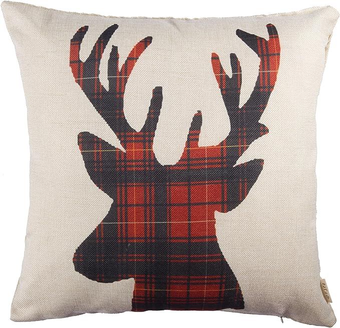 Fjfz Christmas Reindeer Decorative Throw Pillow Cover 18x18, Xmas Red Black Buffalo Plaid Check E... | Amazon (US)