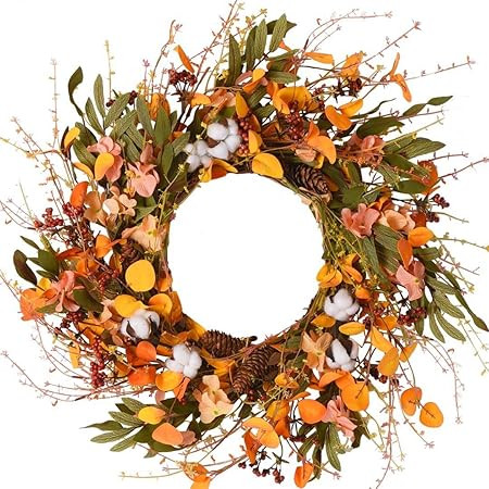 WANNA-CUL 24 inch Farmhouse Fall Wreath Decor for Front Door with Hydrangea Floral,Cotton, Pine C... | Amazon (US)