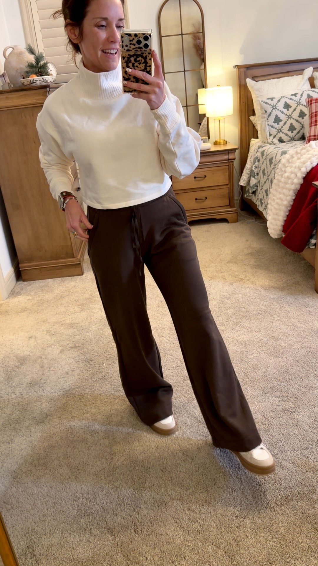 Wide leg pants from Alo in chocolate brown with winter white cropped crew neck wearing both an XS and paired with yellow box tennis  

#LTKActive #LTKSaleAlert #LTKOver40