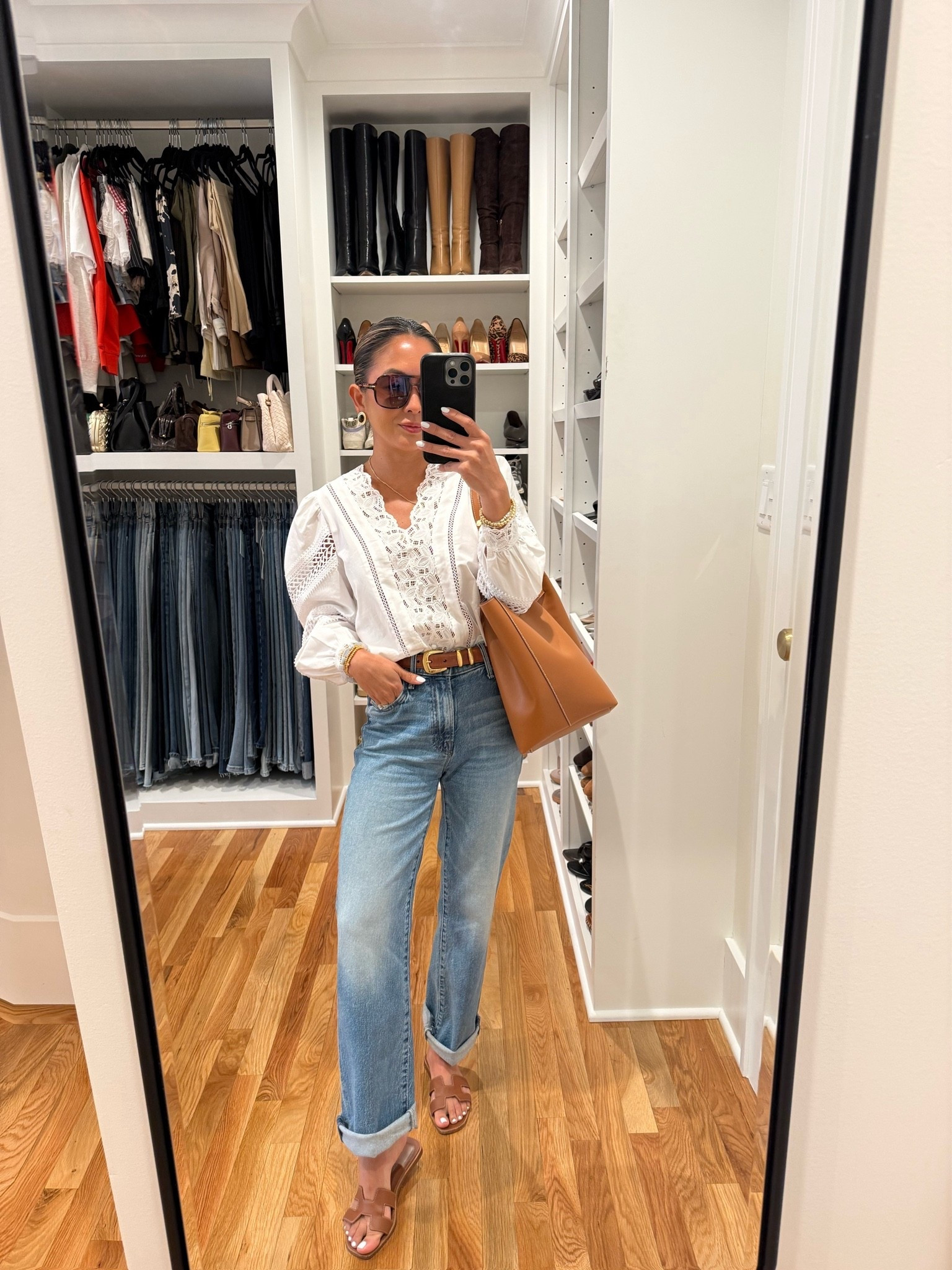 Cute casual outfit feeling summery and chill 🤍 
Top: XXS
Belt: XS in the umber brown color
Jeans: 23P
Sandals: 35/5

#LTKootd #LTKOver40 #LTKPetite