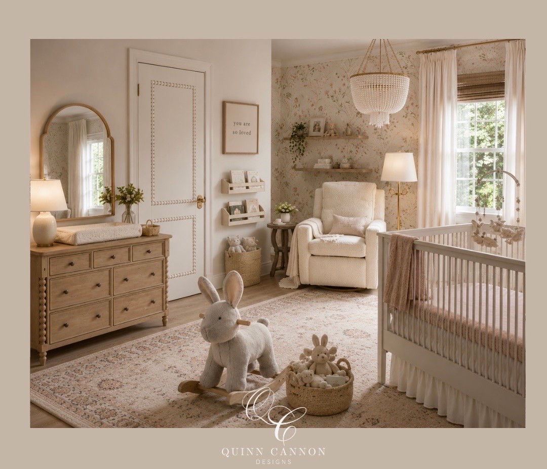 Soft florals, warm woods, and layered neutrals made this nursery feel timeless, calming, and cozy without losing that elevated designer feel. 
Wanted every detail to feel intentional — from the statement chandelier and textured door to the soft blush accents and natural light throughout the space.

#LTKmomlife #LTKKids #LTKHome