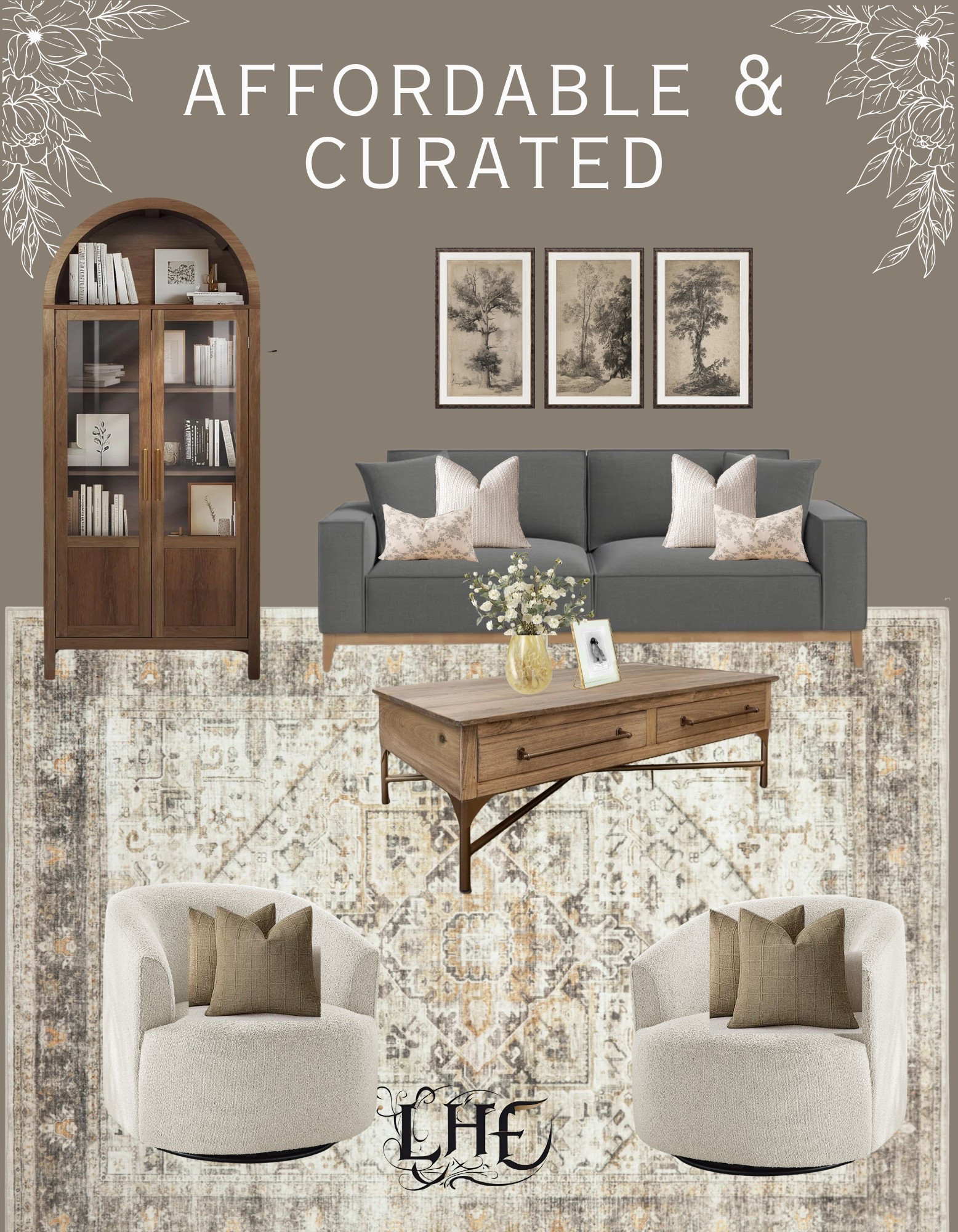 I’m loving how this look came together. It looks high end without the high end prices! Shop by clicking the thumbnails below 👇. Living room, living room inspo, cabinet, arched cabinet, wall art, sofa, couch, affordable furniture, affordable living room furniture, swivel chair, coffee table, rustic coffee table, coffee table with drawers, area rug, vintage area rug, accent pillows, pillows, decorative pillows, pillows for couch, modern farmhouse living room, farmhouse living room 

#LTKHome #LTKSaleAlert #LTKStyleTip