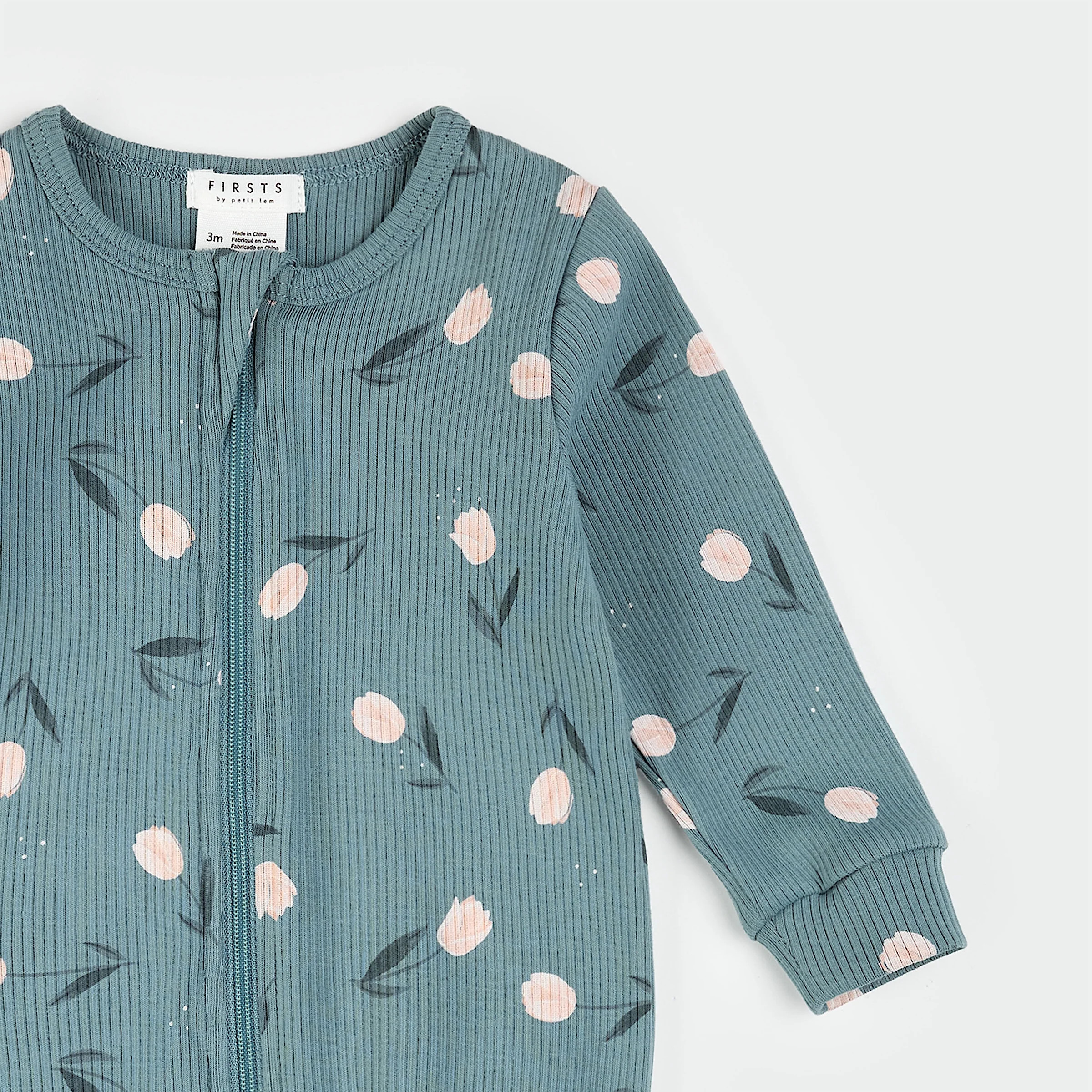 Tulips Print on Sea Blue Ribbed Sleeper | Petit Lem