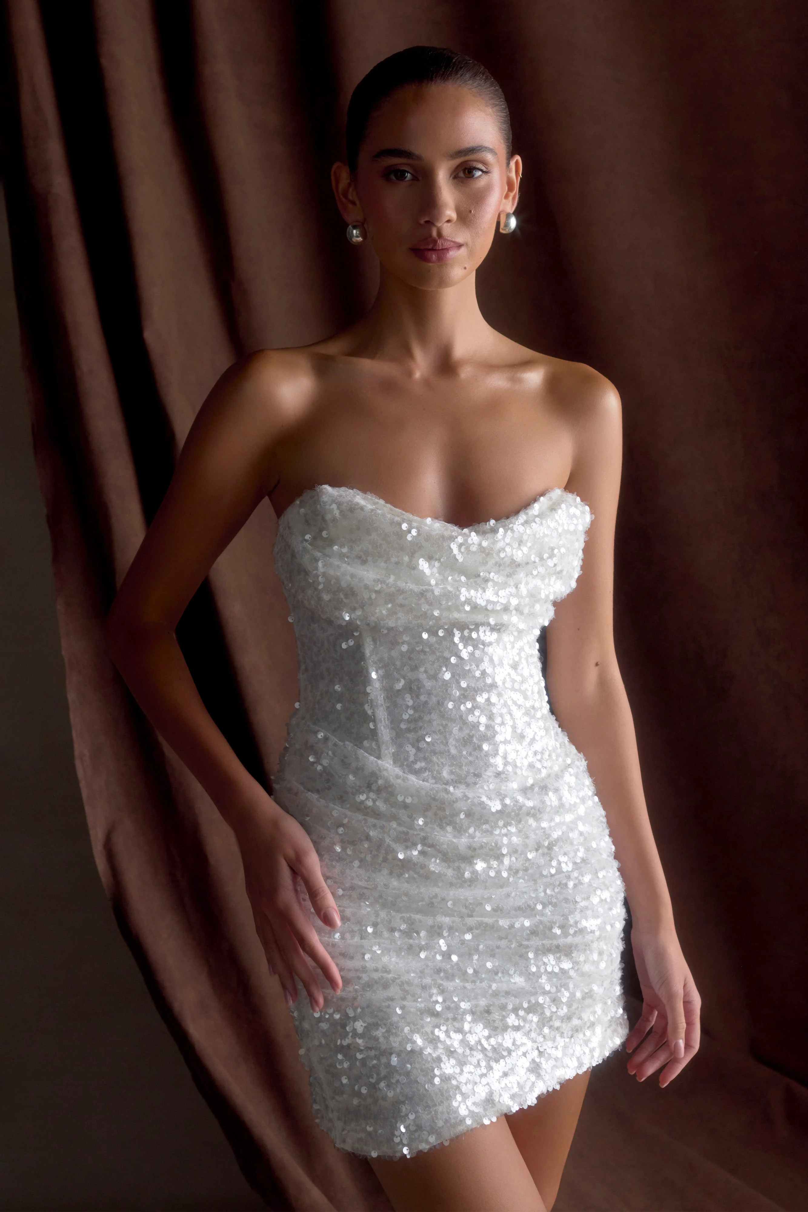 Nala Strapless Sequin Mini Dress - White | MESHKI US