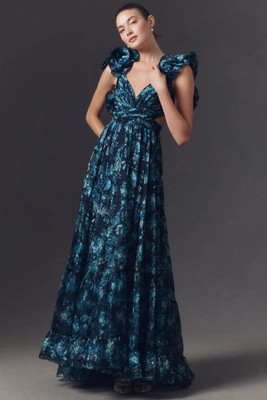 Mac Duggal Ruffle-Sleeve V-Neck Tiered Chiffon Maxi Dress | Anthropologie (US)