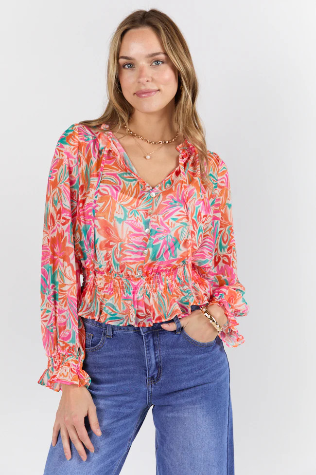 Take Me To The Tropics Multi Print Blouse With Cami Lining | Pink Lily