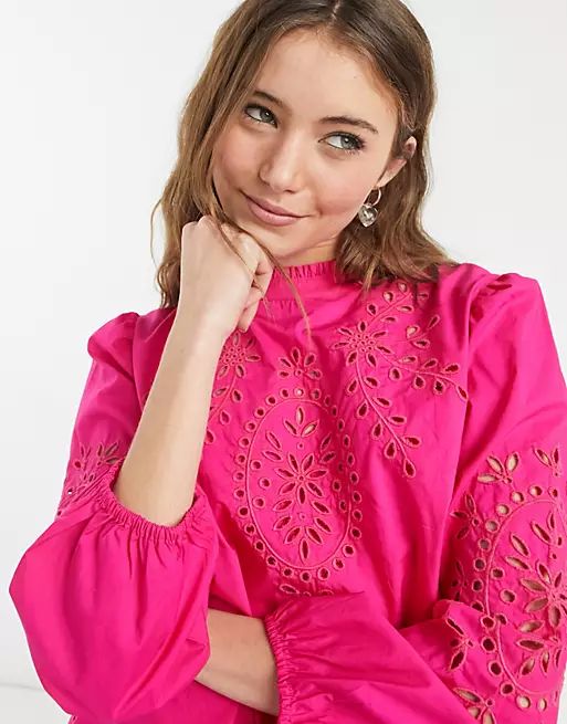 J Crew high neck puff sleeve embroidered blouse in hot pink | ASOS (Global)