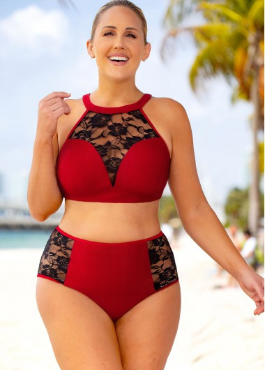 ROTITA Plus Size High Waisted Lace Stitching Bikini Set | Rotita.com - USD $36.98 | rotita.com