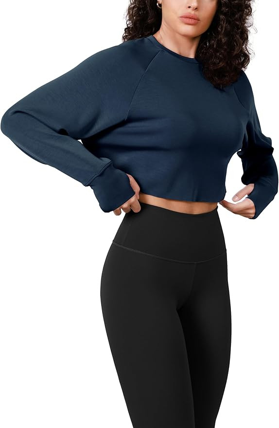 ODODOS Modal Soft Long Sleeve Cropped Sweatshirts with Thumb Hole for Women Crew Neck Pullover Cr... | Amazon (US)