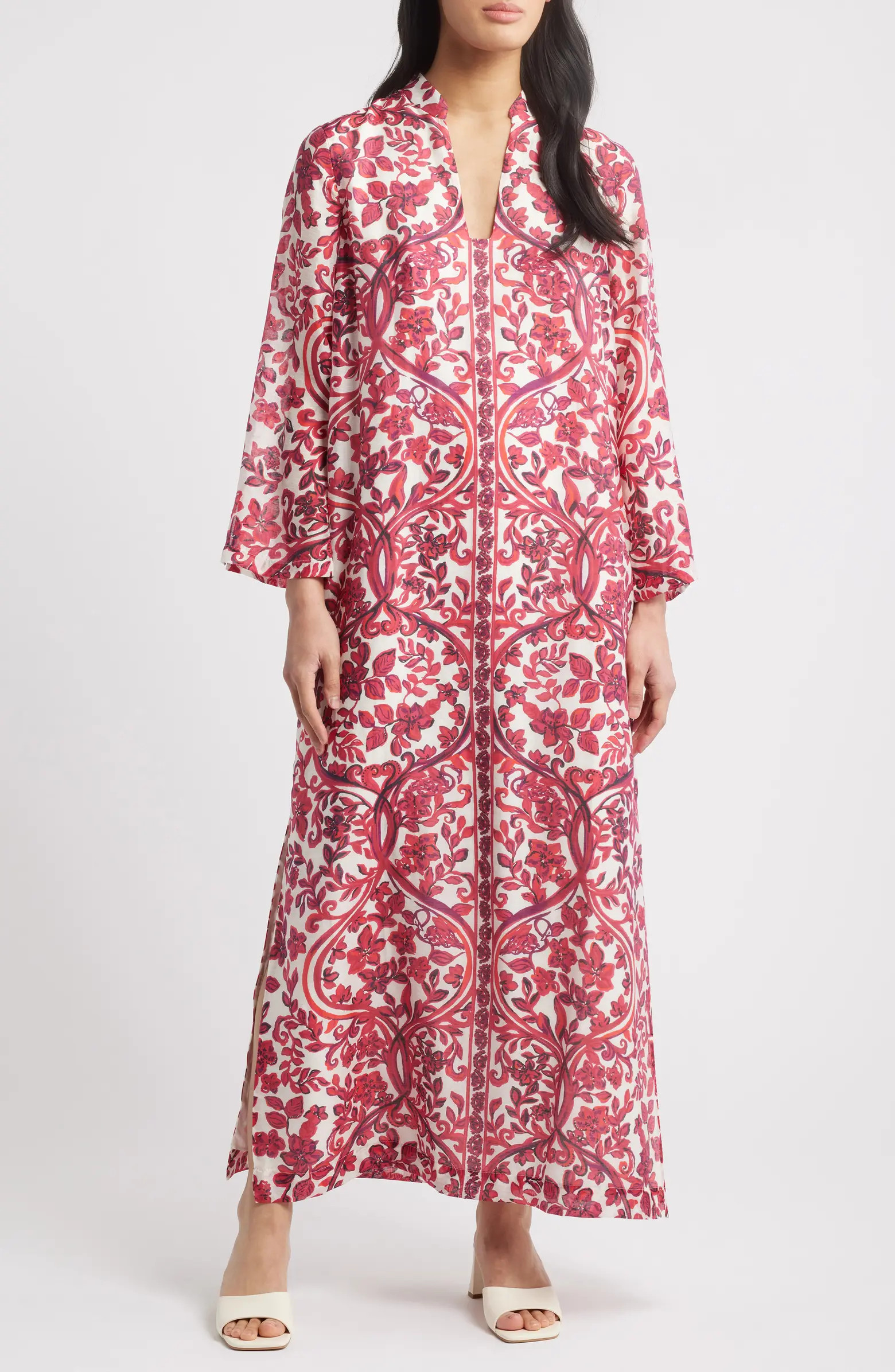 Irella Floral Mixed Print Long Sleeve Caftan Dress | Nordstrom
