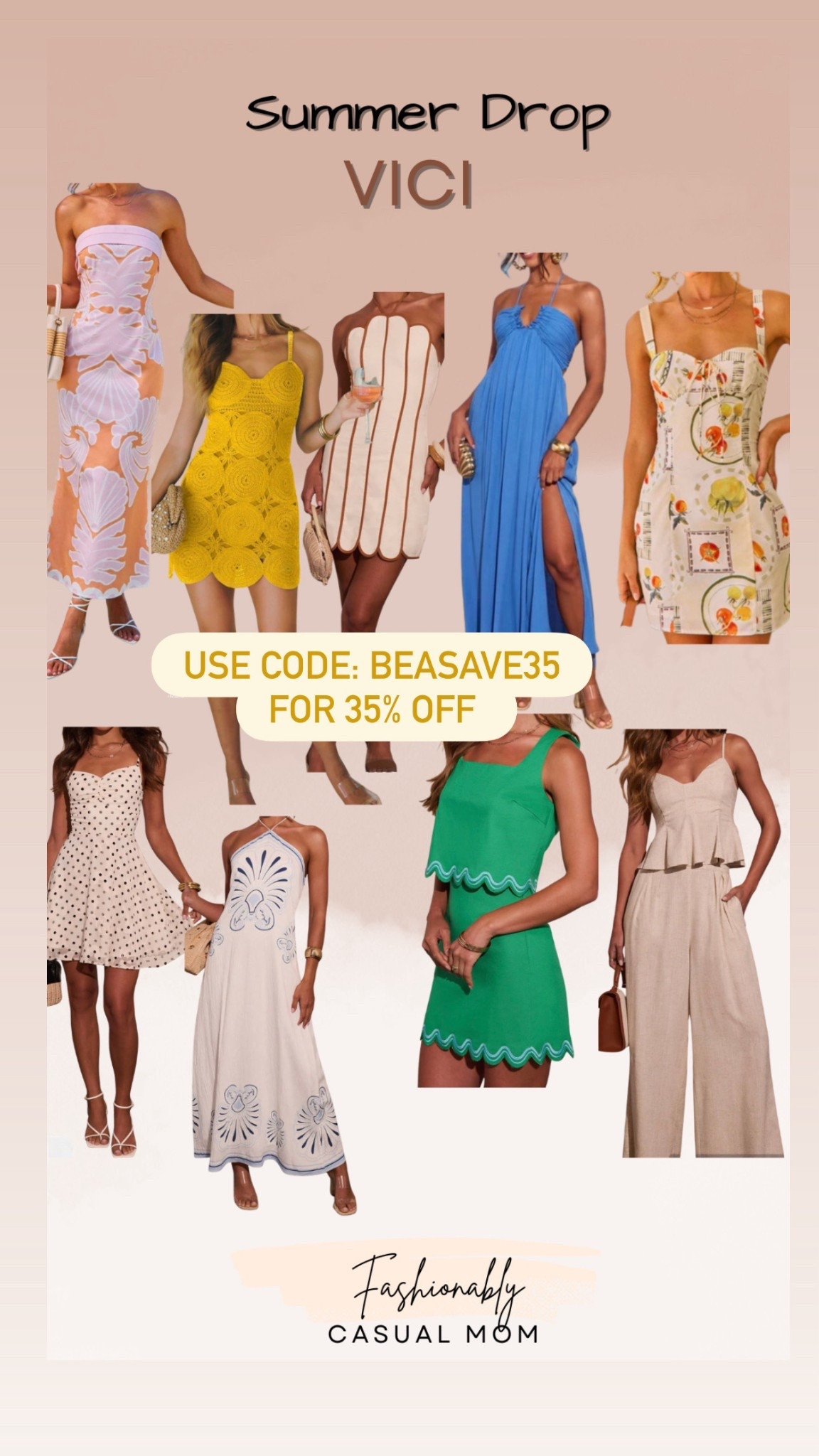Vici summer drop
Use my code BEASAVE35 
For 35% off
Sitwide 
So many pretty options for Mother’s Day or summer vacationn

#LTKootd #LTKMothersDay #LTKgrwm