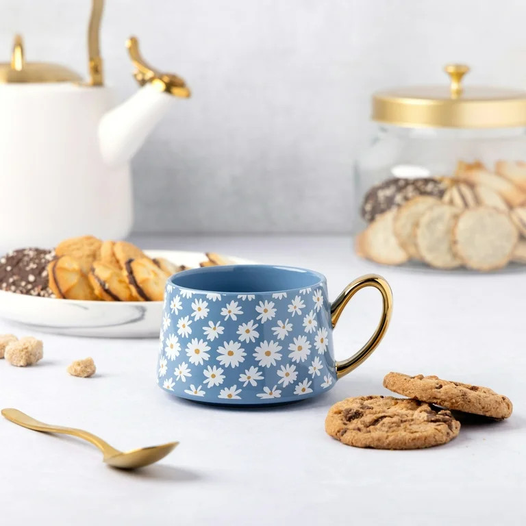 (2 pack) Thyme & Table Blue Daisy Print Teacup Mug with Gold Handle 11.8 fl oz, Stoneware | Walmart (US)