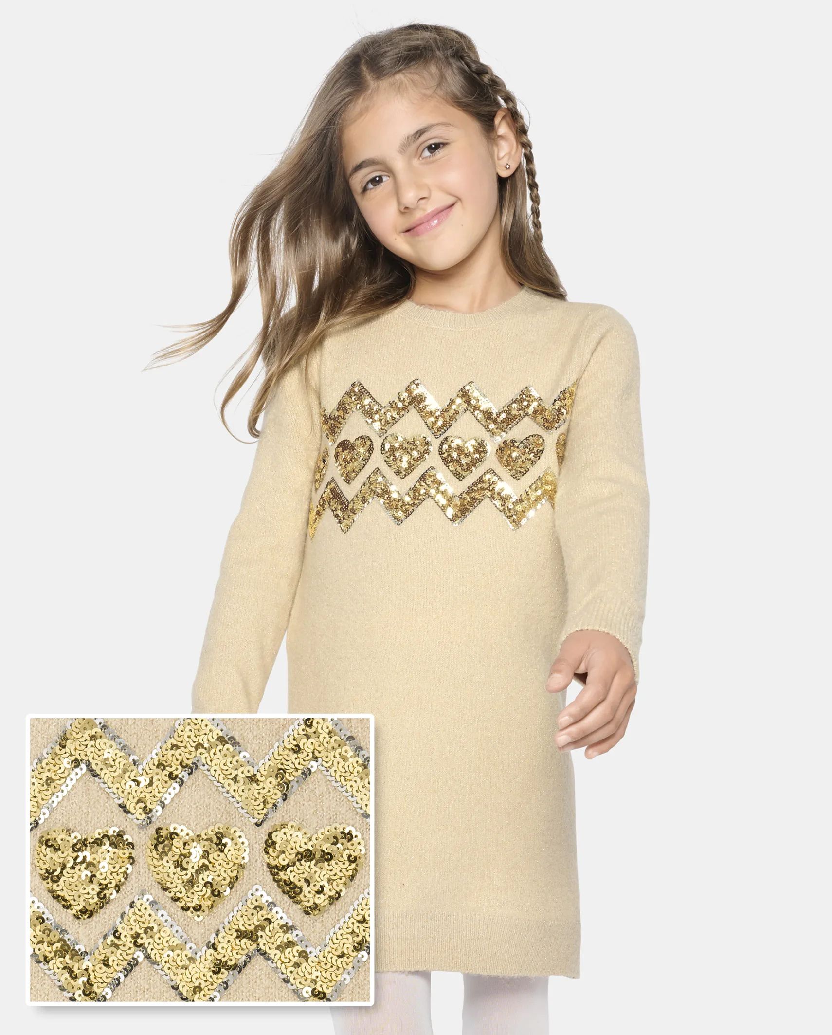 Girls Sequin Heart Sweater Dress - toasted cashew | The Children's Place