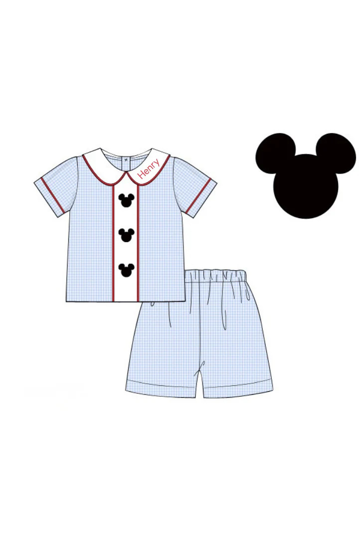 Pre-Order Embroidered Mouse Blue Gingham Short Set | The Smocked Flamingo