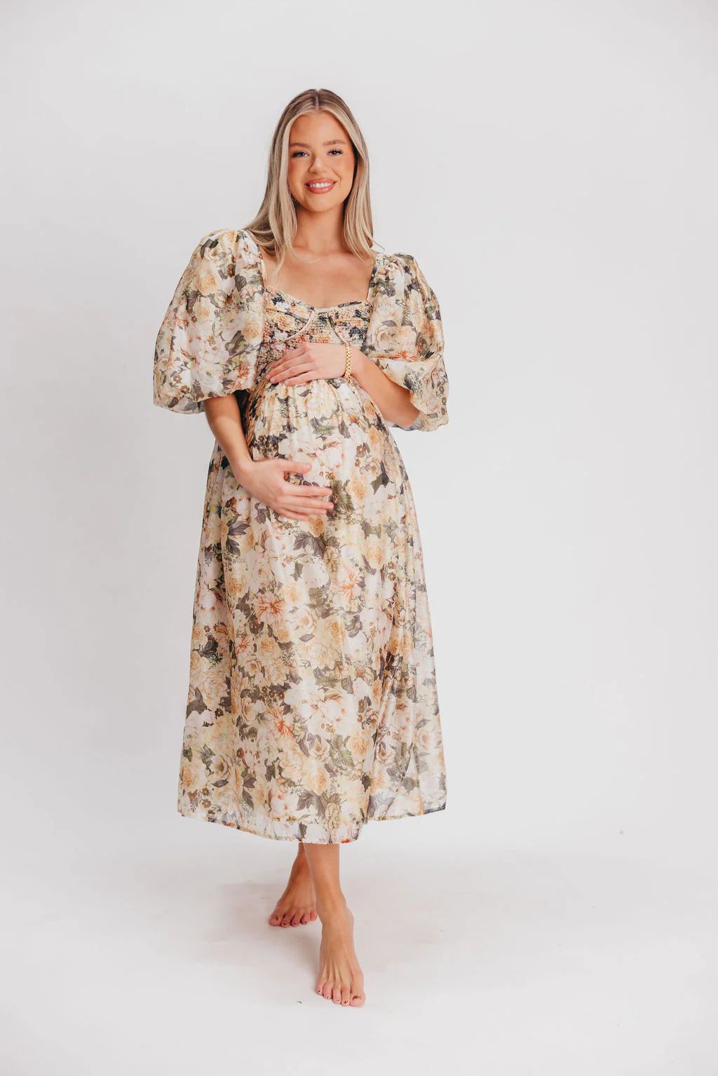 Harlow Maxi Dress in Champagne Floral - Bump Friendly & Inclusive Sizi | Worth Collective