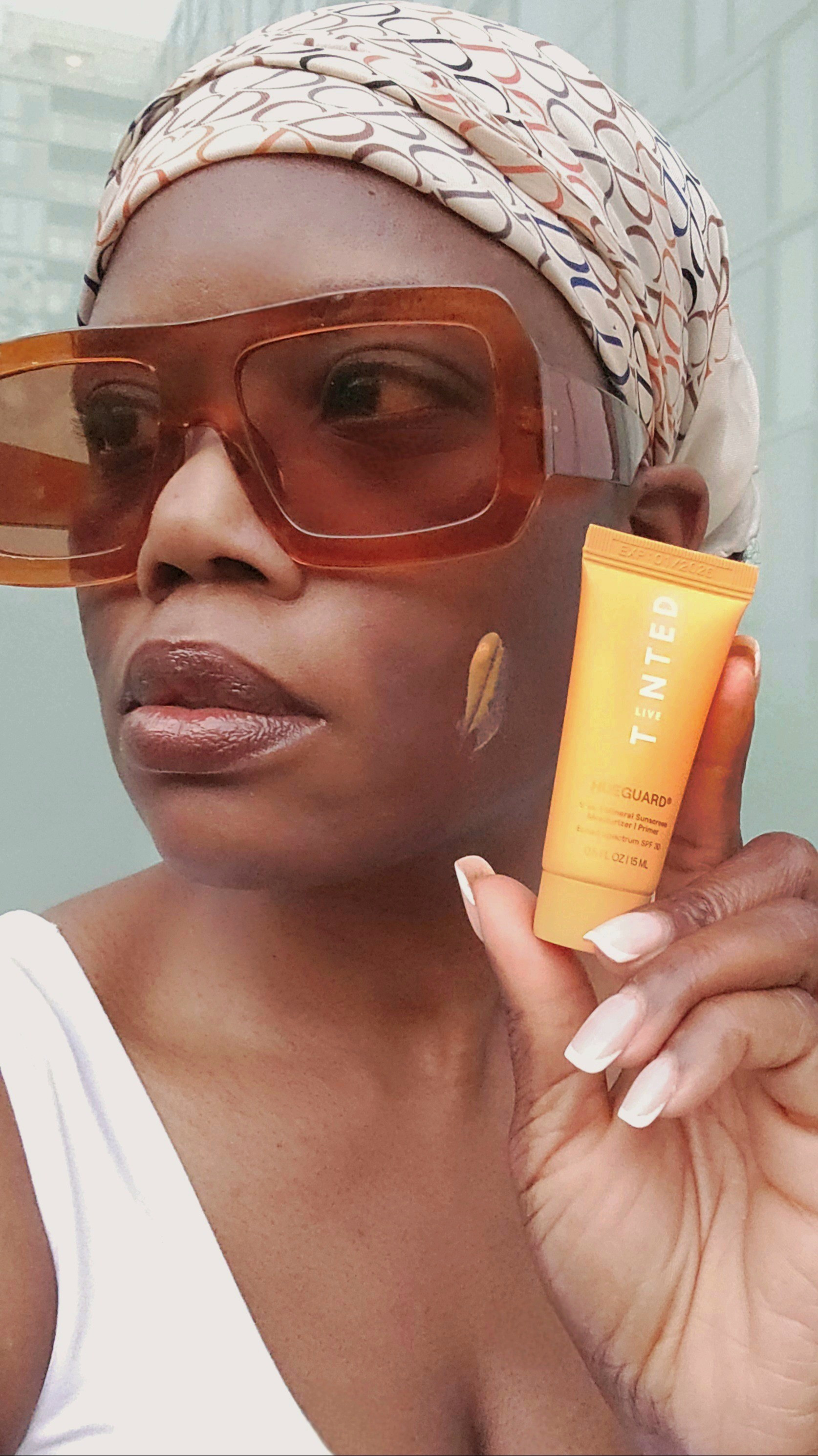 3 in 1 SPF 30 moisturizer, primer and sunscreen. Live Tinted Hueguard. Vintage Christian Dior fashion silk scarf, orange rectangle aviator sunglasses

#LTKBeauty #LTKselfcare #LTKmorningroutine