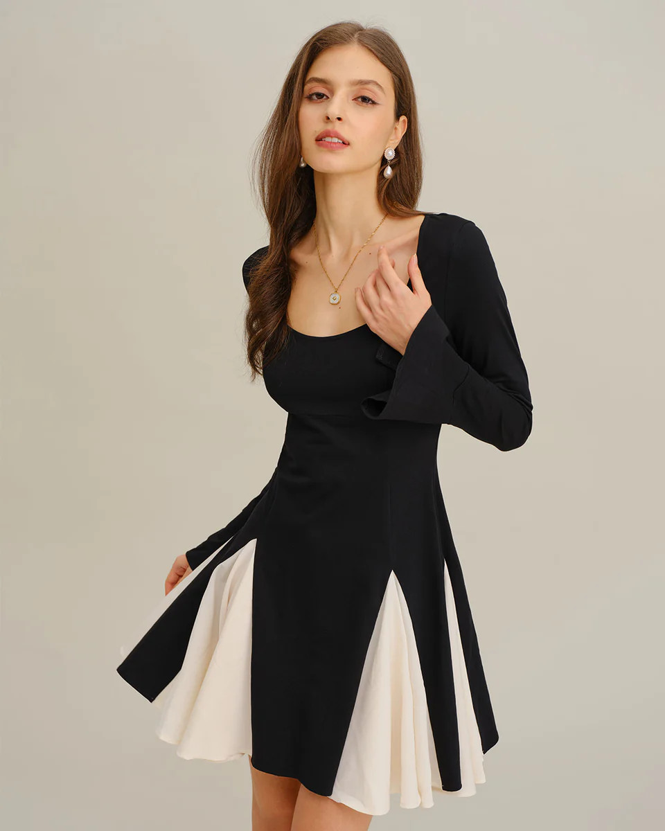Black Contrasting Bell Sleeve Mini Dress | rihoas.com